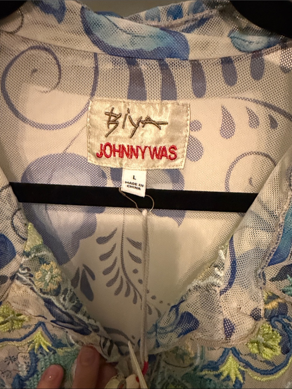 Johnny Was Sheer Blue Floral Embroidered Button-Down Shirt - Picture 2 of 10